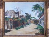une peinture à l'huile représentant une rue avec une clôture et un bâtiment