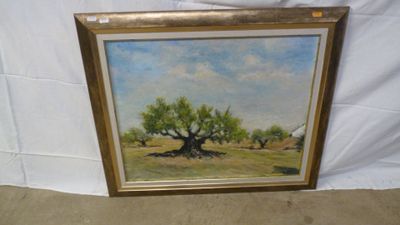 an oil painting of a tree in a field with a sky in the background