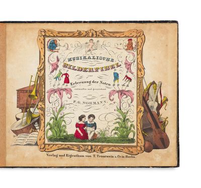 un vieux livre sur lequel figure l'image d'un garçon et d'une fille assis sur un banc