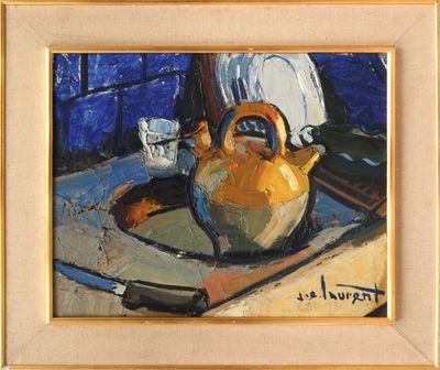 an oil painting of a teapot and a cup on a table