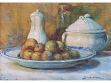 a painting of a bowl of apples and a pitcher on a table