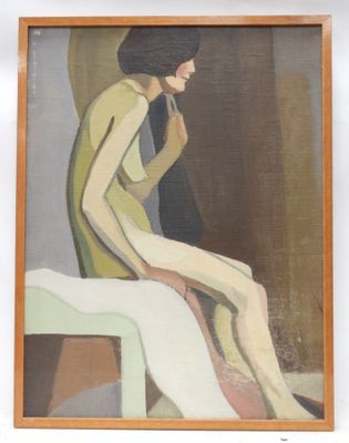 painting of a woman sitting on a stool with her legs crossed