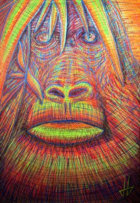 un dessin coloré représentant un gorille aux cheveux longs