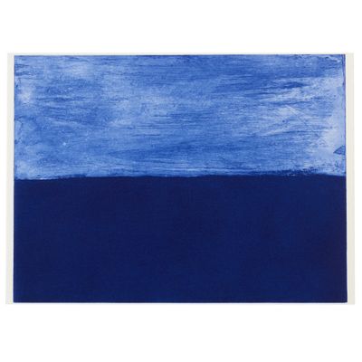 an abstract painting of blue and white on a white background