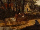 a painting of people riding in a horse drawn carriage