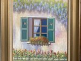 un tableau représentant une fenêtre avec des volets verts et des fleurs