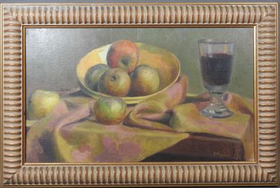 un tableau représentant un bol de pommes et un verre de vin