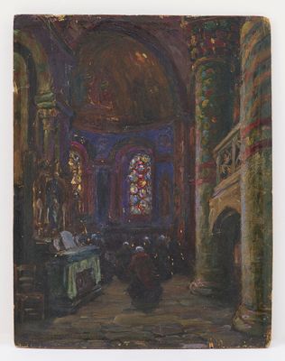 an image of a painting of a church with a stained glass window