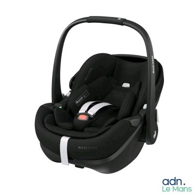 the baby car seat is black and has a white stripe on it