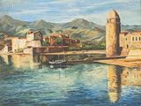 un tableau représentant une petite ville au bord de l'eau