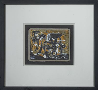 tableau représentant un motif noir et or, bordé d'une bordure blanche