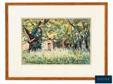 aquarelle encadrée représentant une scène de jardin avec un banc et des arbres