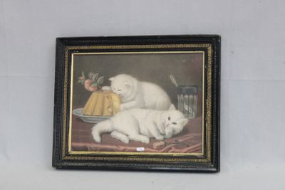 une photo d'un tableau représentant deux chats posés sur une table