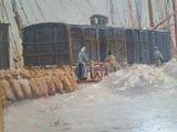 a painting of a man and a woman standing in front of a train