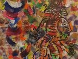 tableau représentant un homme avec une guitare devant un mur recouvert de graffitis