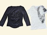 two women ' s tops and necklaces on a yellow background