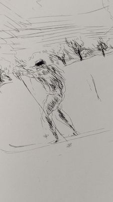 dessin représentant un homme descendant une pente à ski, avec des arbres en arrière-plan