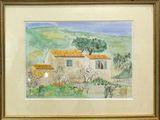 a picture of a painting of a house in the country