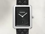 chanel watch with black dial and black leather strap
