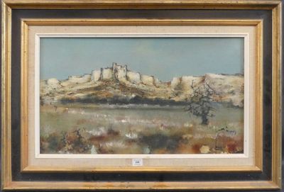 l'image d'un tableau représentant un paysage avec une montagne en arrière-plan
