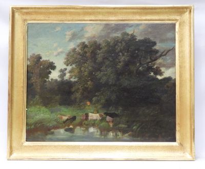 a painting of a man riding a horse by a stream