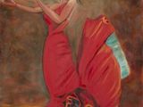 un tableau représentant une femme en robe rouge tenant un éventail