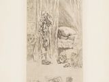 an image of a drawing of a man standing in a room with a cow