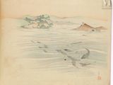 two birds flying over the water in the sky
