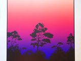 une photo d'une photo d'un coucher de soleil avec des arbres en arrière-plan