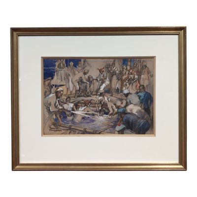 painting of a group of people gathered around a table in a room