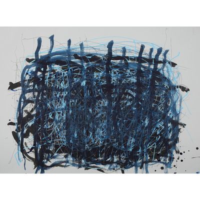 blue and black abstract painting on a white wall with a white background