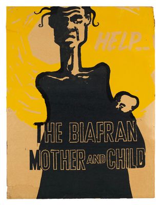 une affiche jaune et noire représentant un homme tenant un enfant dans ses bras