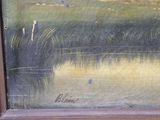 an oil painting of a landscape with ducks in a pond by a fence