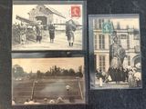 three old black and white photos of people playing tennis in front of a building