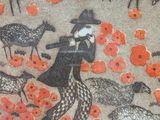 a picture of a woman walking through a field of sheep