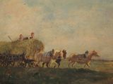 painting of a group of horses pulling a wagon full of hay