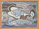 an image of a painting of a man and a dog on a beach