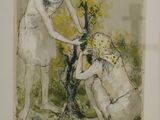 un tableau représentant une femme aidant un chien à planter un arbre