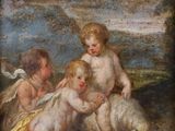 an image of a painting of two babies and a sheep