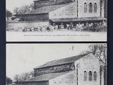 deux vieilles photos en noir et blanc d'un bâtiment où l'on voit beaucoup d'animaux