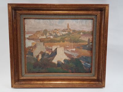 une peinture à l'huile représentant un village avec une église à l'arrière-plan