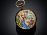 a pocket watch with a picture of a man and a woman on it
