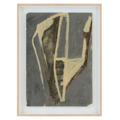 une peinture abstraite représentant une chaise, dans un cadre blanc