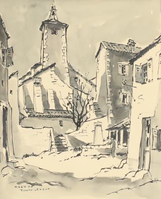 drawing of a street scene with a church steeple in the background