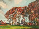 a painting of a field with trees and a barn in the background