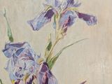 painting of a vase with purple flowers in it on a table