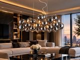 un salon avec un canapé, une table basse et un lustre