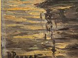 a painting of a man in a boat on the water