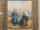 a painting of two women in blue dresses standing next to each other