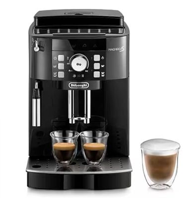a black coffee machine with two cups of coffee next to it